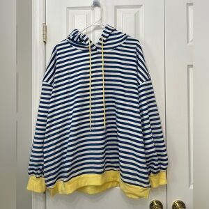 PinkMStyle Blue and White Striped Hoodie with Yellow Accents